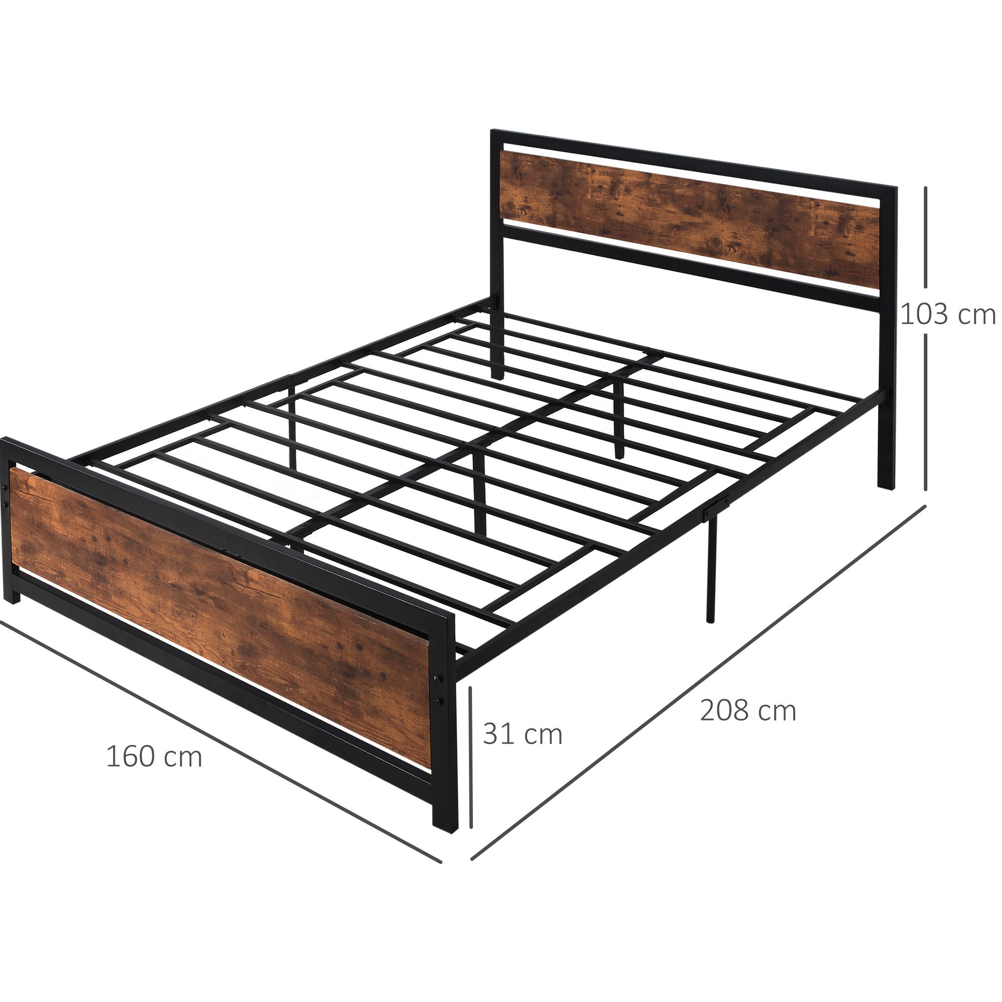 Struttura Letto Matrimoniale 160x200 cm in Acciaio con Doghe Integrate Nero e Marrone Rustico