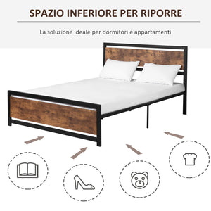 Struttura Letto Matrimoniale 160x200 cm in Acciaio con Doghe Integrate Nero e Marrone Rustico