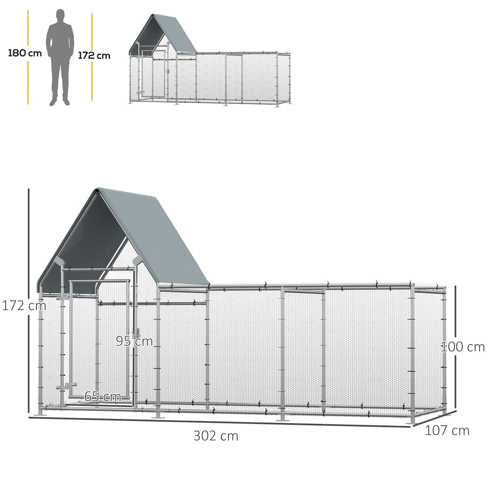 Pollaio Gabbia per Galline da Esterno 302x107x172 cm con Telo di Protezione in Oxford Argento