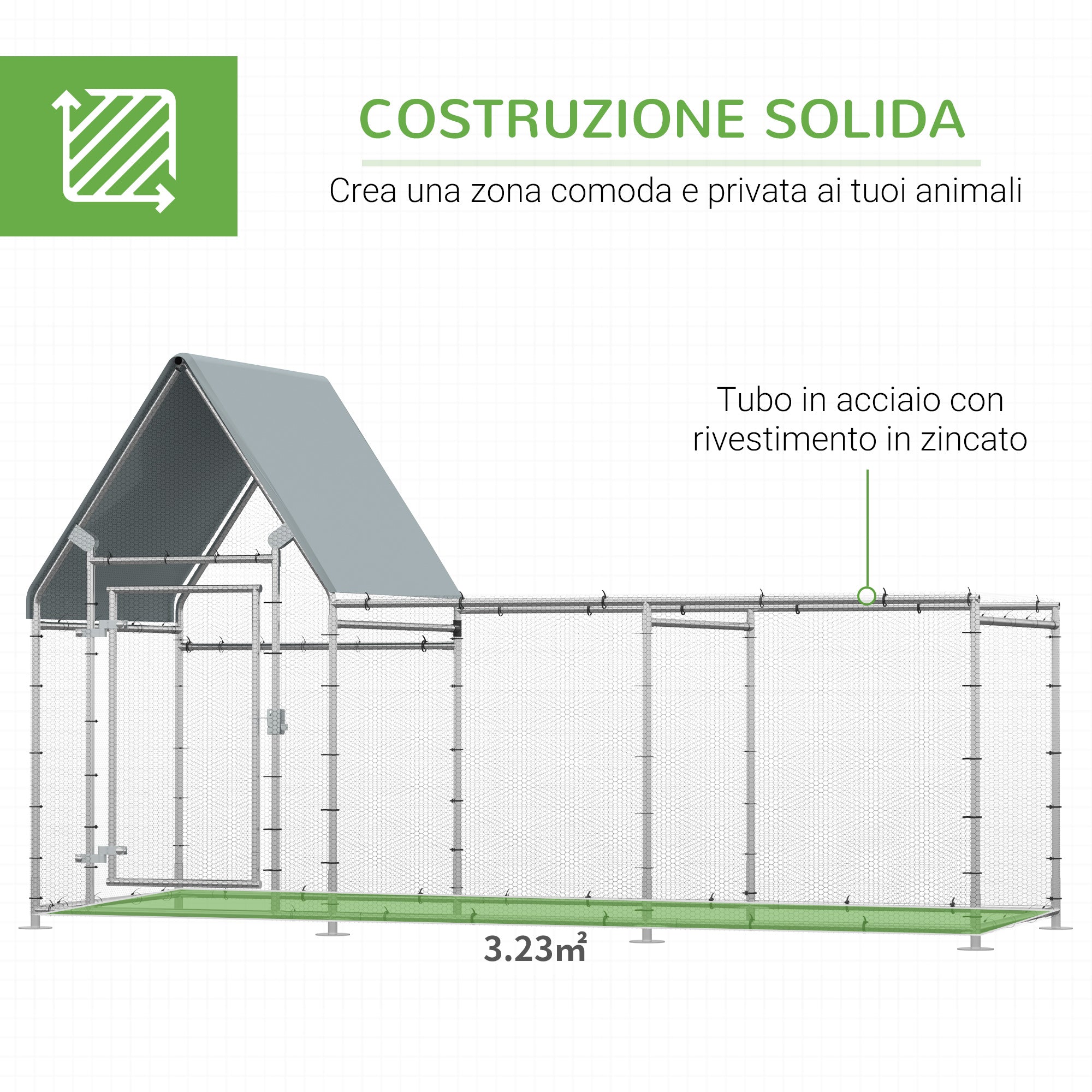 Pollaio Gabbia per Galline da Esterno 302x107x172 cm con Telo di Protezione in Oxford Argento