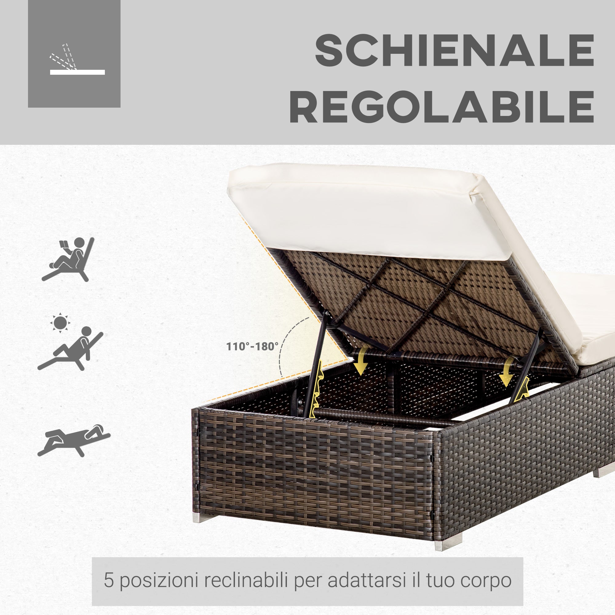 Lettino Prendisole 195x68x30 cm in Rattan Marrone