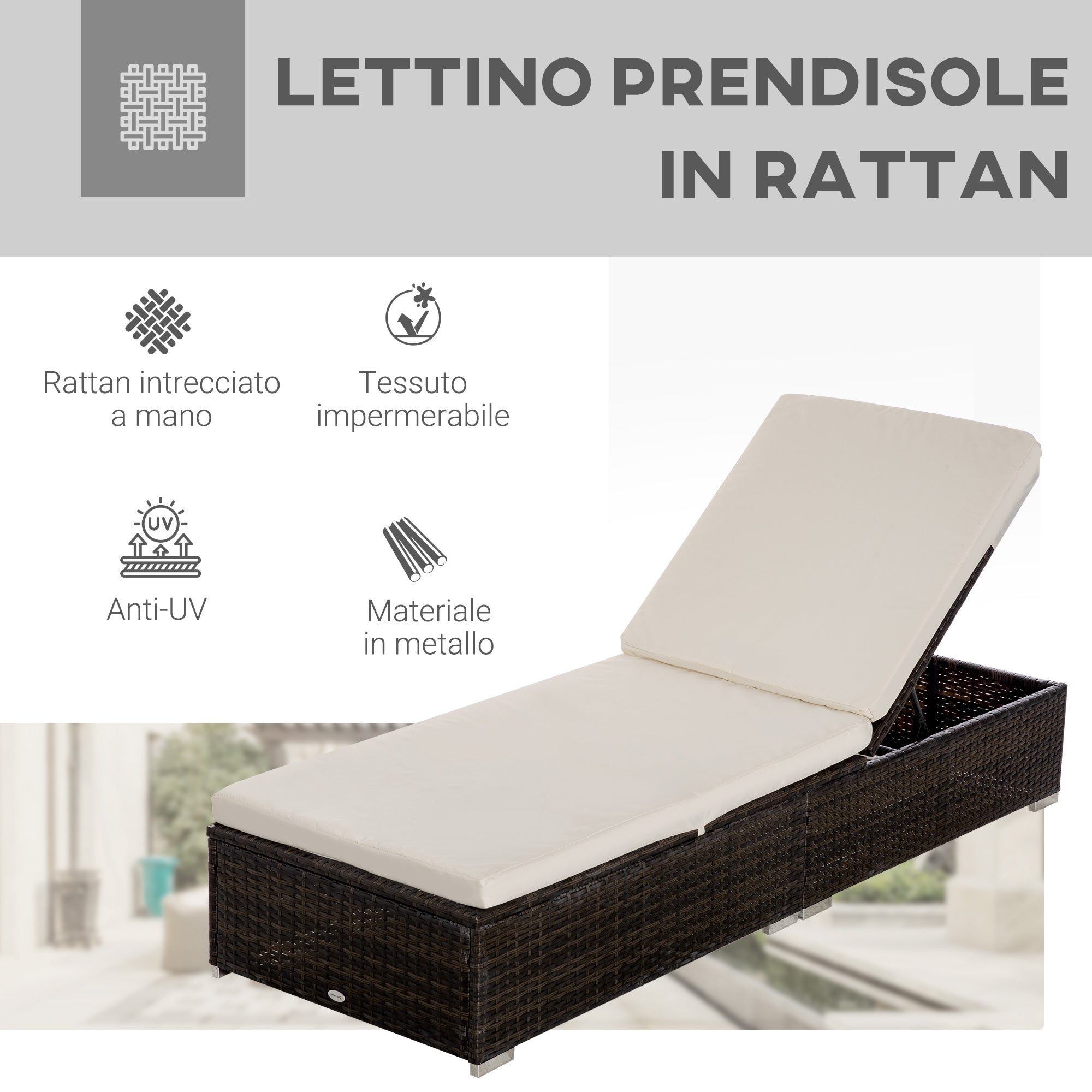 Lettino Prendisole 195x68x30 cm in Rattan Marrone