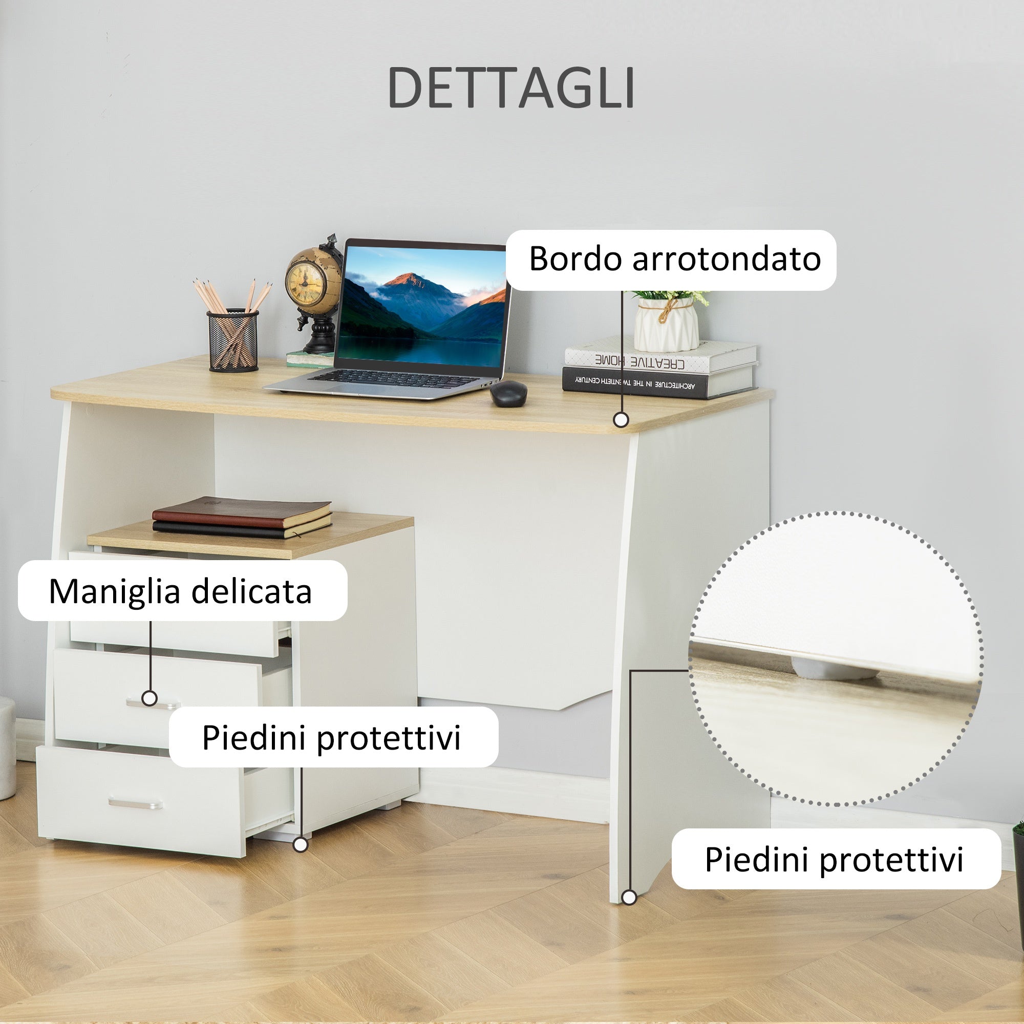 Scrivania da Ufficio 110x55x75 cm con Cassettiera in Legno Bianco