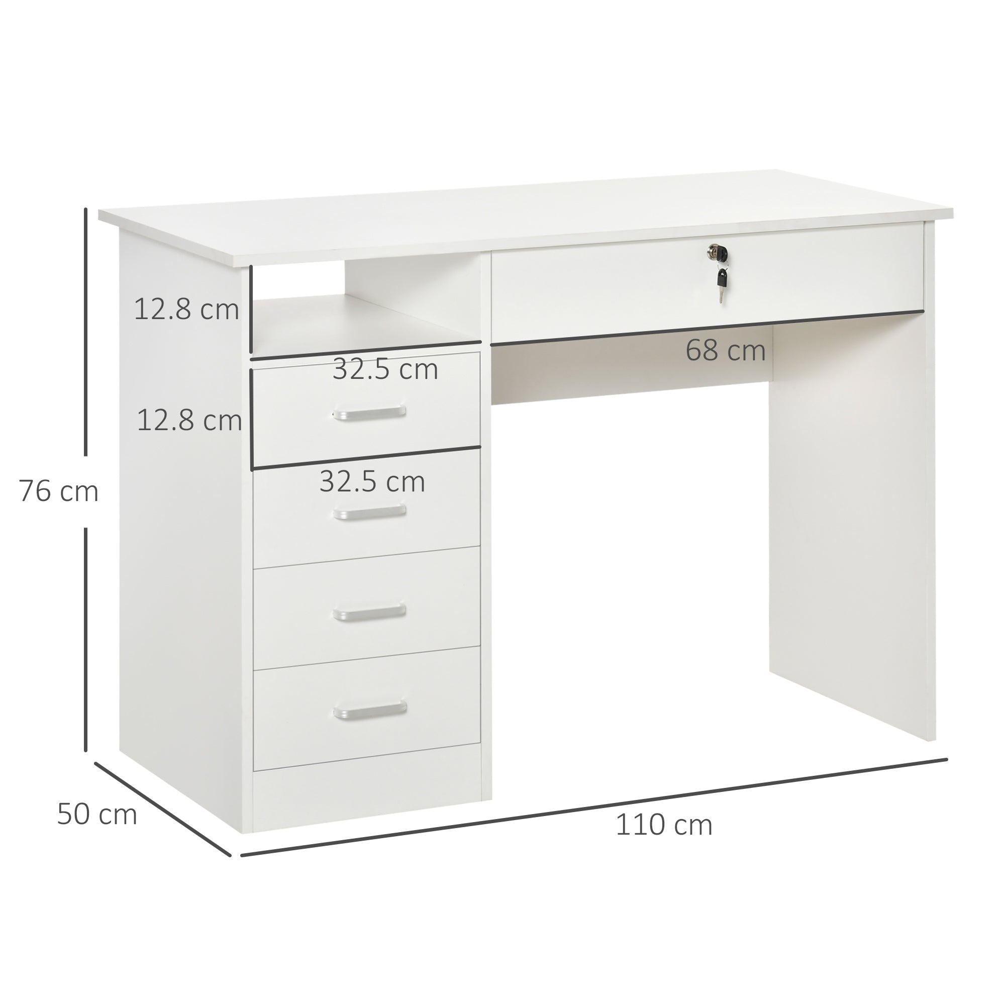 Scrivania da Ufficio 110x50x76 cm 5 Cassetti in Legno Bianco