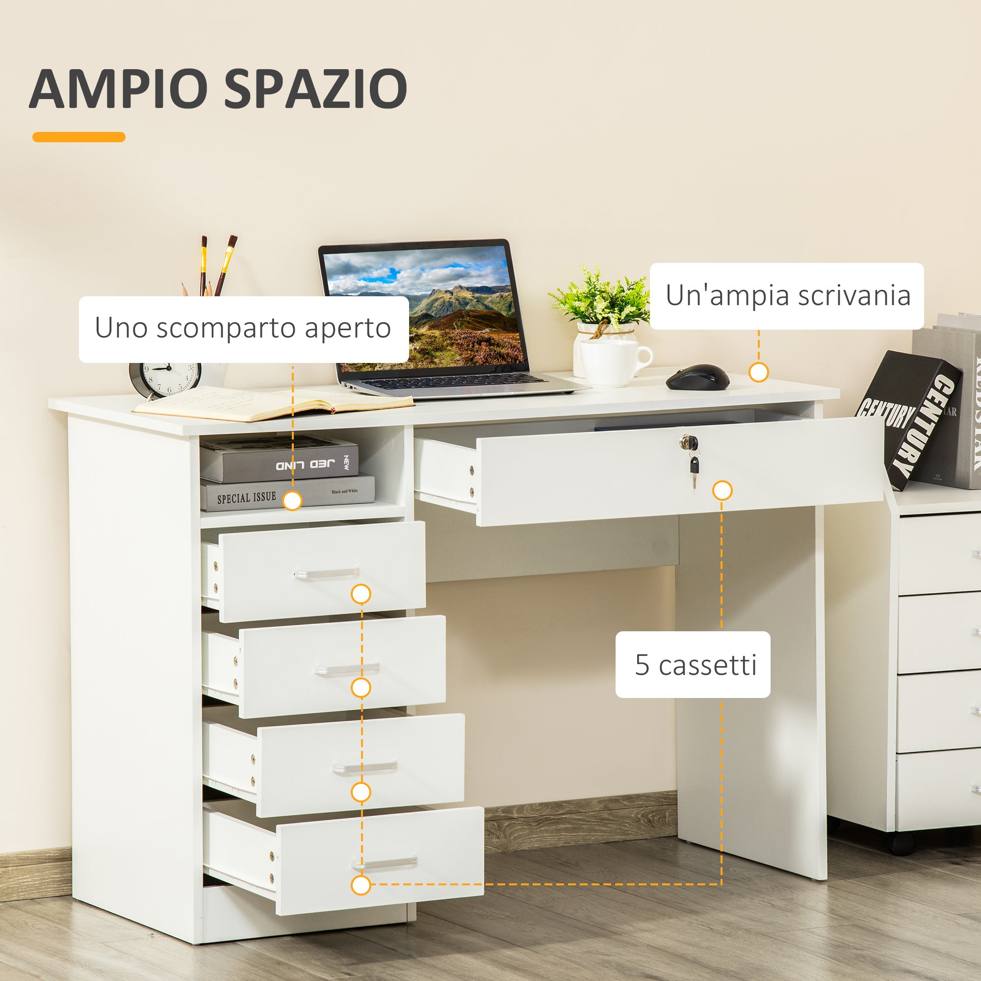 Scrivania da Ufficio 110x50x76 cm 5 Cassetti in Legno Bianco