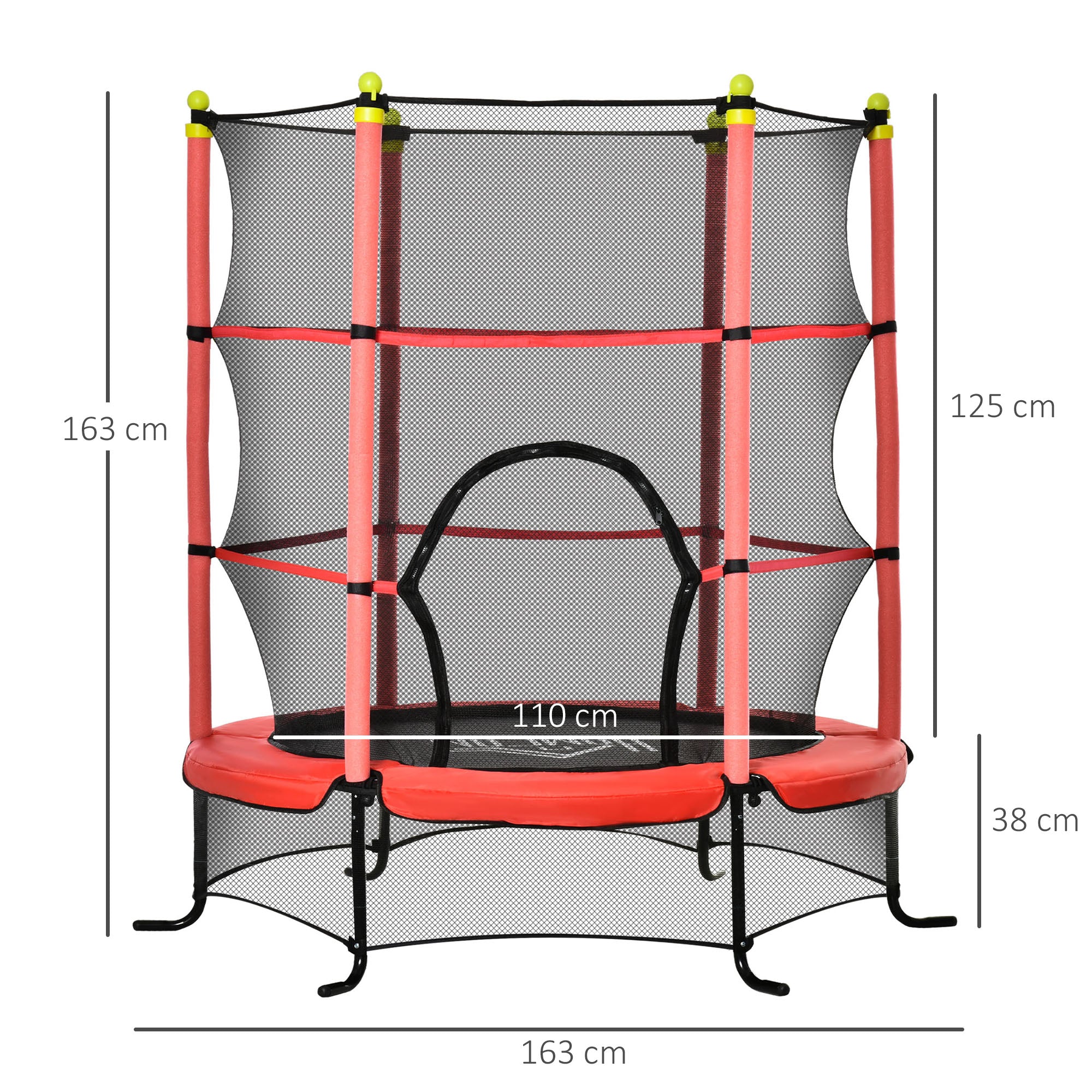 Trampolino Tappeto Elastico per Bambini Ø163x163 cm con Rete di Sicurezza e Corde Elastiche Rosso