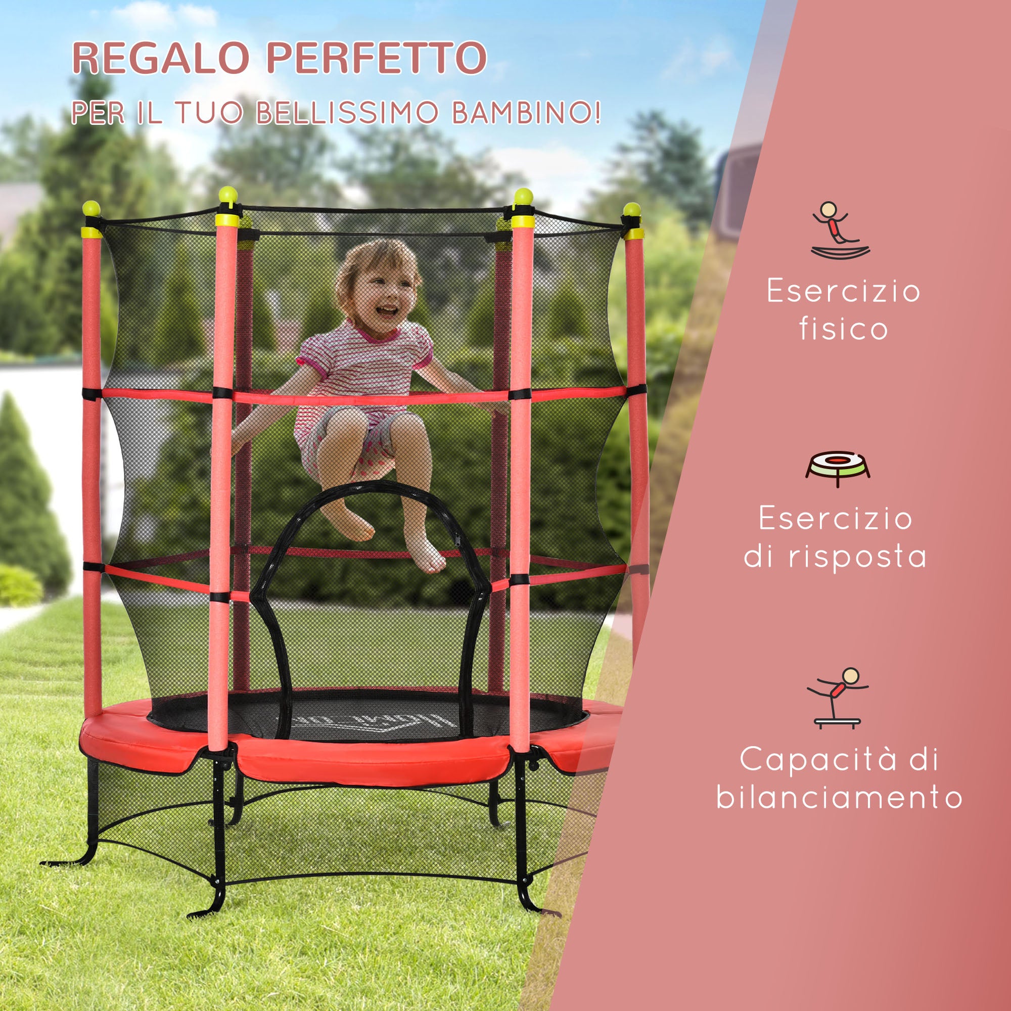 Trampolino Tappeto Elastico per Bambini Ø163x163 cm con Rete di Sicurezza e Corde Elastiche Rosso