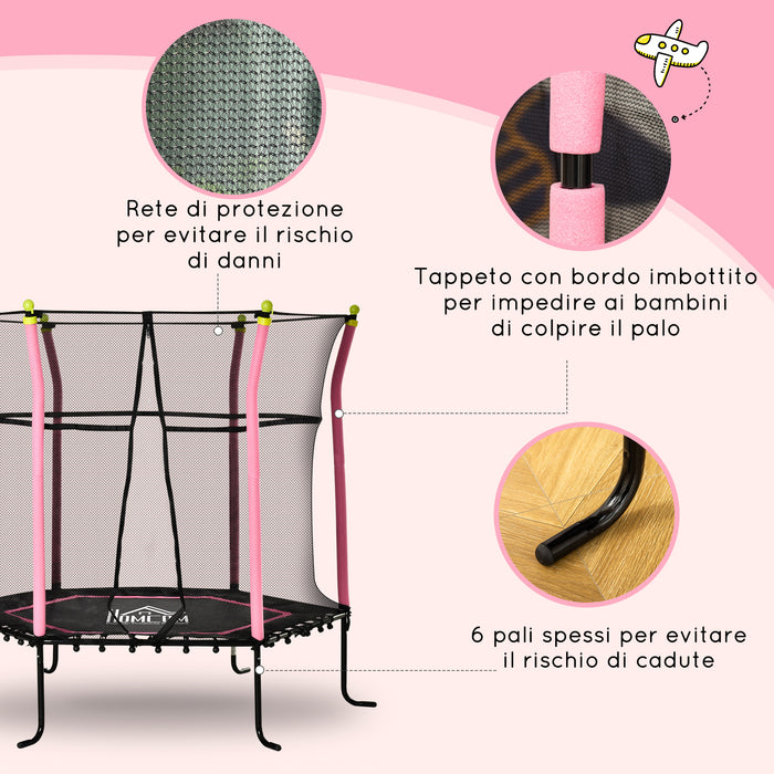 Trampolino Tappeto Elastico per Bambini Ø161x163 cm con Rete di Sicurezza e Corde Elastiche Rosa