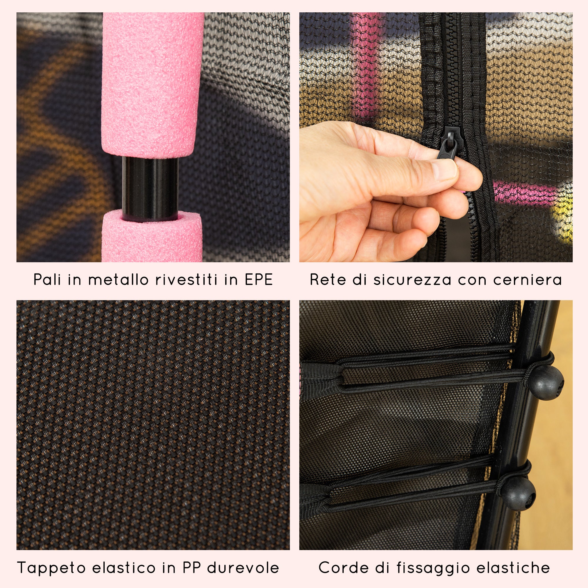 Trampolino Tappeto Elastico per Bambini Ø161x163 cm con Rete di Sicurezza e Corde Elastiche Rosa