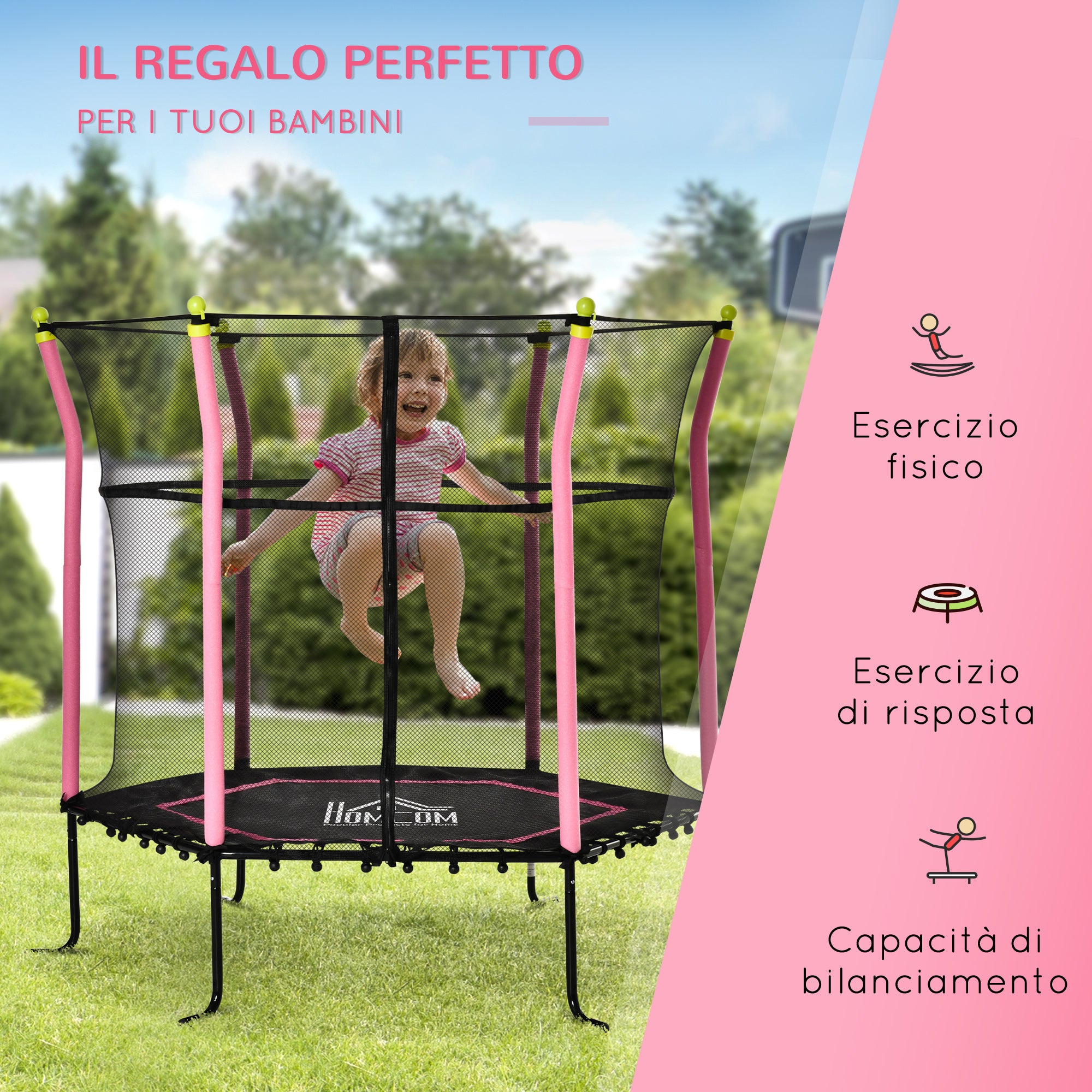 Trampolino Tappeto Elastico per Bambini Ø161x163 cm con Rete di Sicurezza e Corde Elastiche Rosa