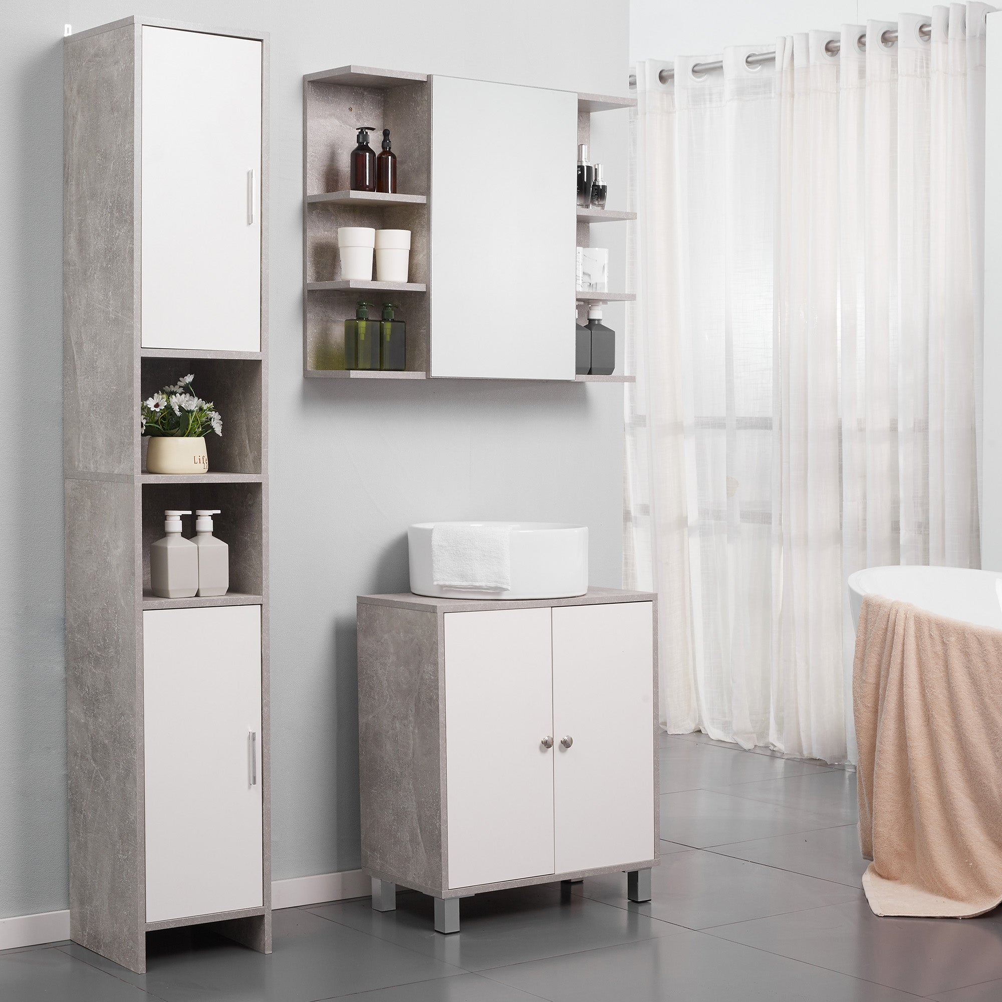 Mobile a Colonna per Bagno 30x30x180 cm in Legno Effetto Cemento Grigio