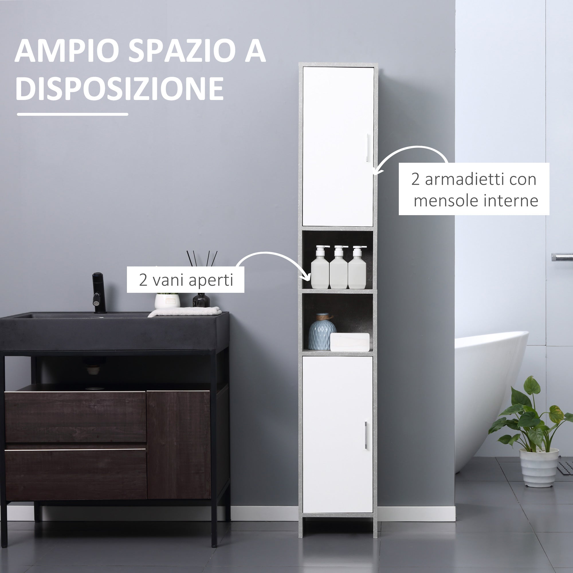 Mobile a Colonna per Bagno 30x30x180 cm in Legno Effetto Cemento Grigio