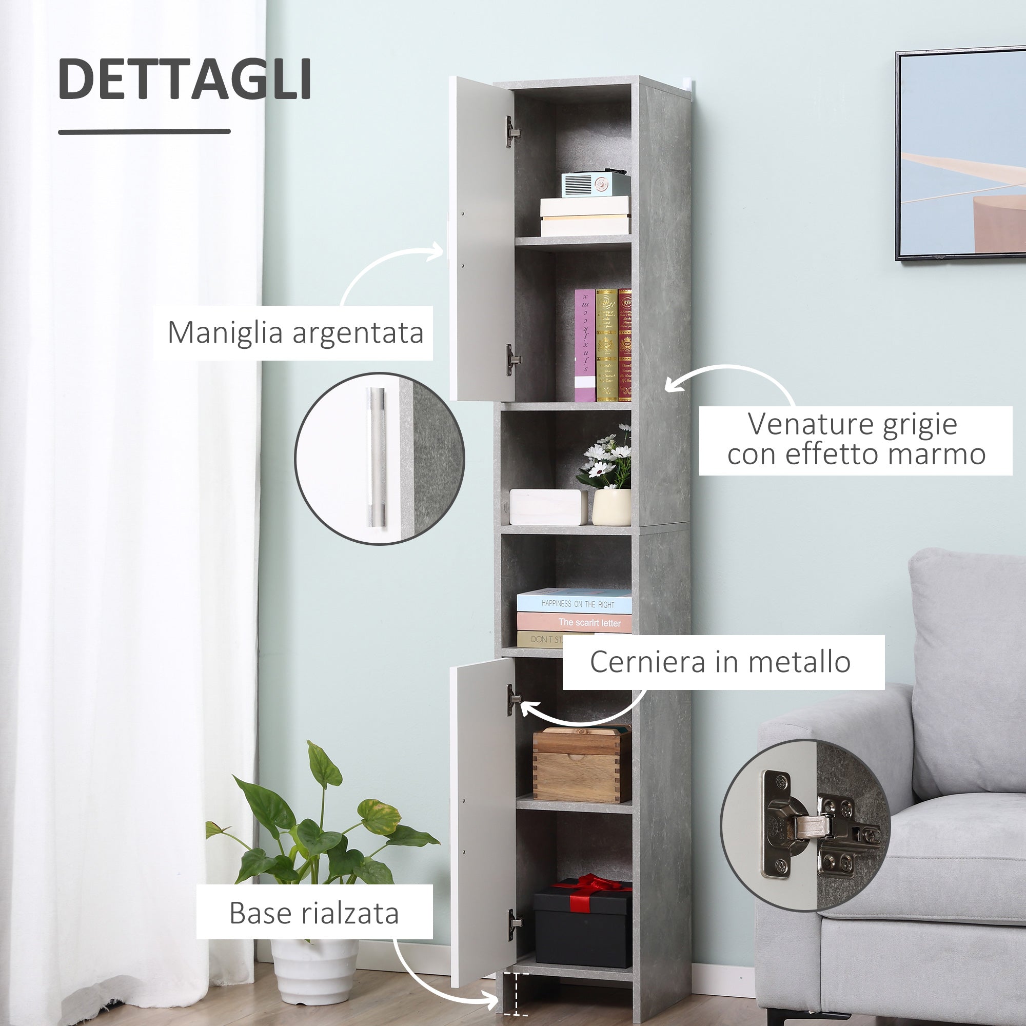 Mobile a Colonna per Bagno 30x30x180 cm in Legno Effetto Cemento Grigio