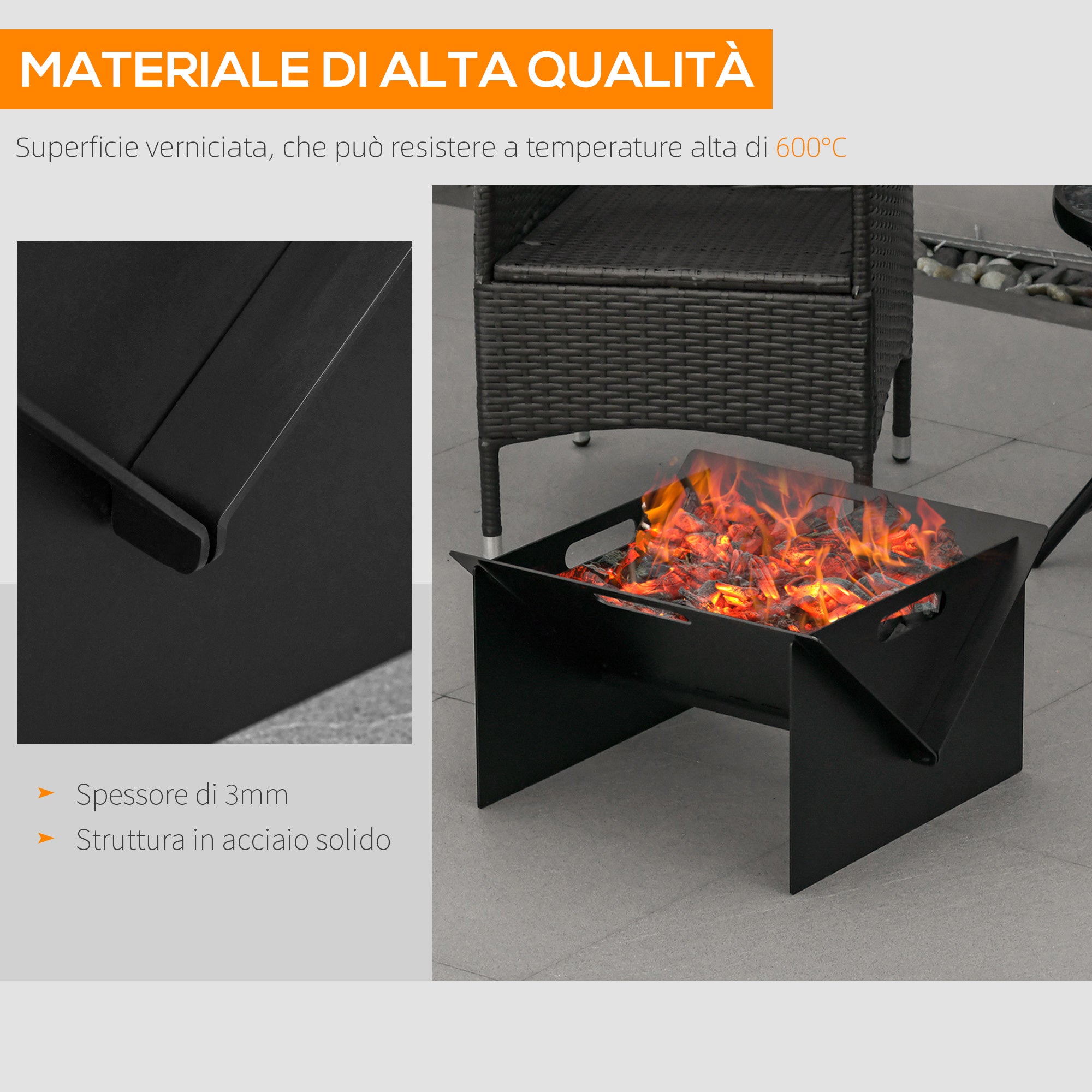 Braciere con Maniglie Portatile 50x45x30cm in Acciaio Nero