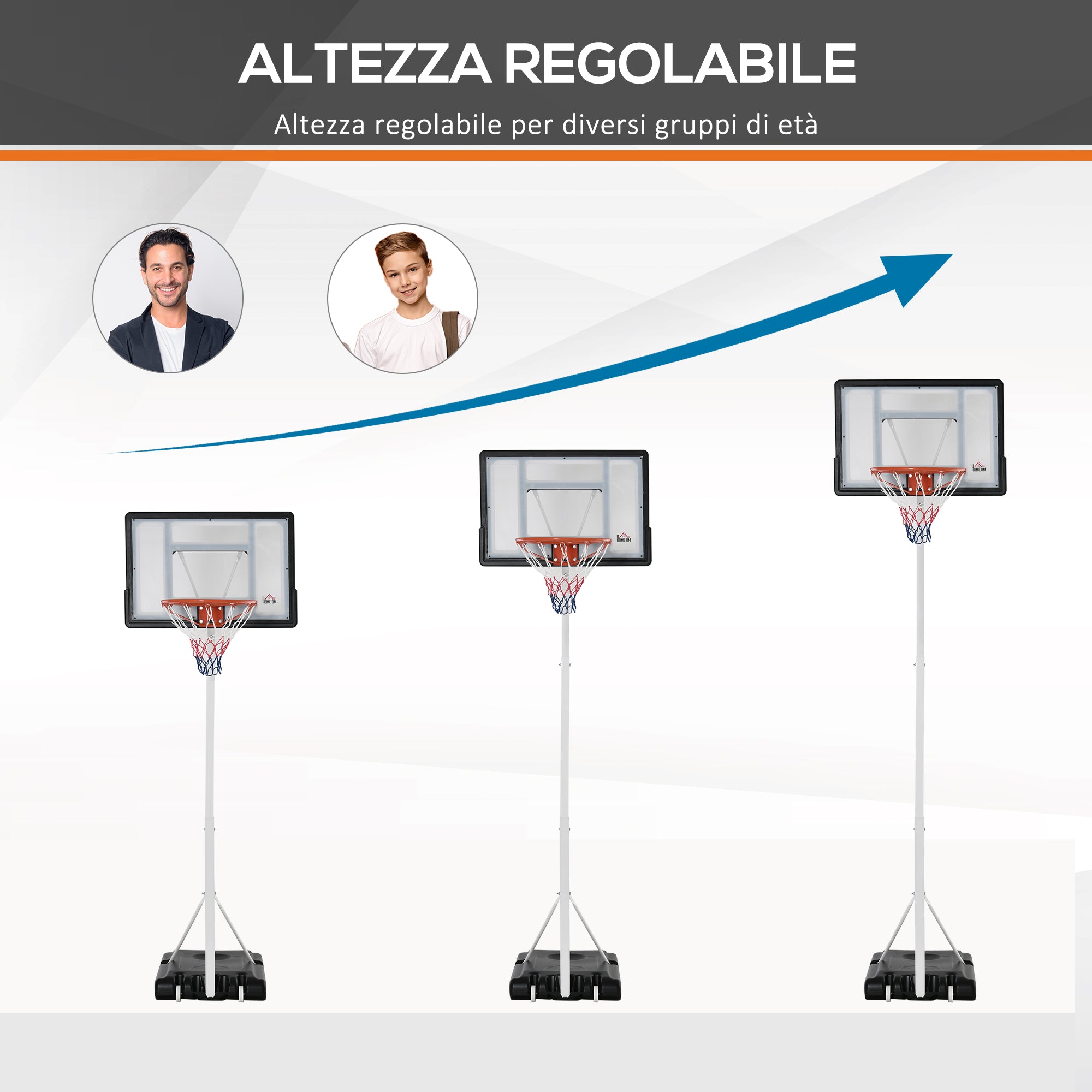 Canestro Basket da Esterno Altezza Regolabile 210-260 cm Ruote Integrate Bianco