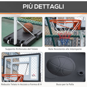 Canestro Basket da Esterno Altezza Regolabile 210-260 cm Ruote Integrate Bianco