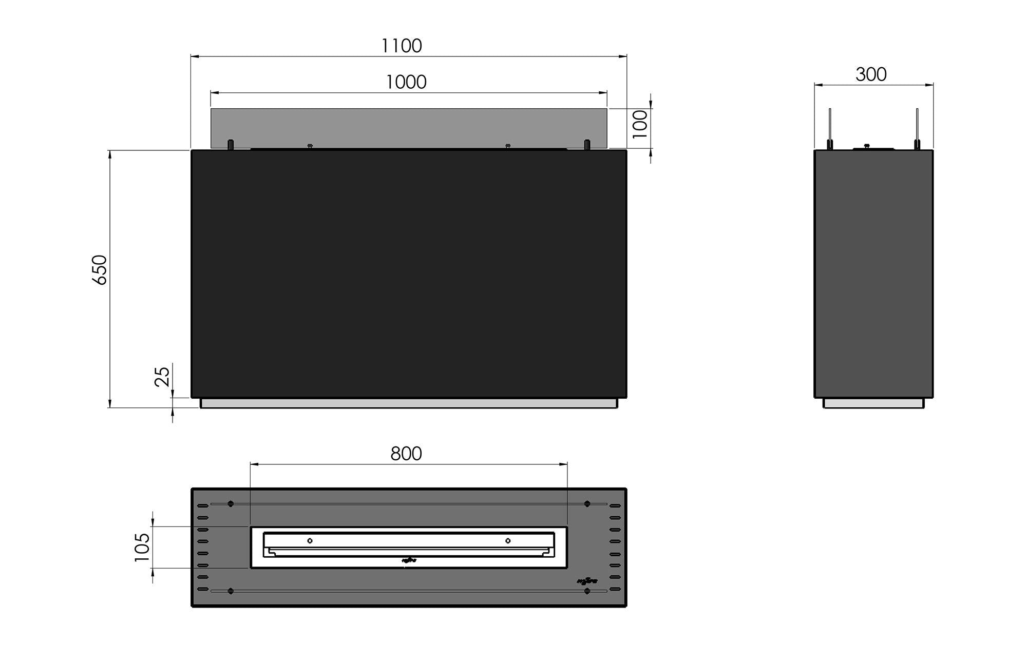 Camino a Bioetanolo da Pavimento 65x30x110 cm Incube Nero con Vetro