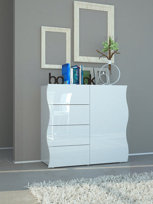 Mobile Multiuso 1 Anta 4 Cassetti 90x40x81 cm Onda Bianco Lucido