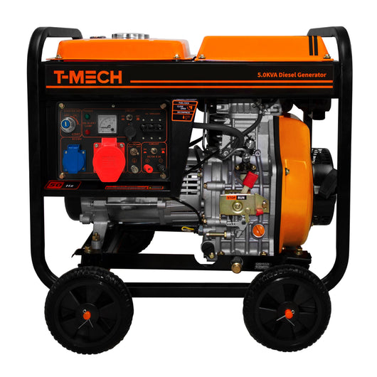 T-Mech 10CV Generatore Portatile Trifase 12.5Lt Diesel 5000W 14 ore di autonomia con meta' Pieno 2 prese da 230V / 400V con 4 ruote facile da trasportare ottimo per Garage Officina Cantiere Campeggio