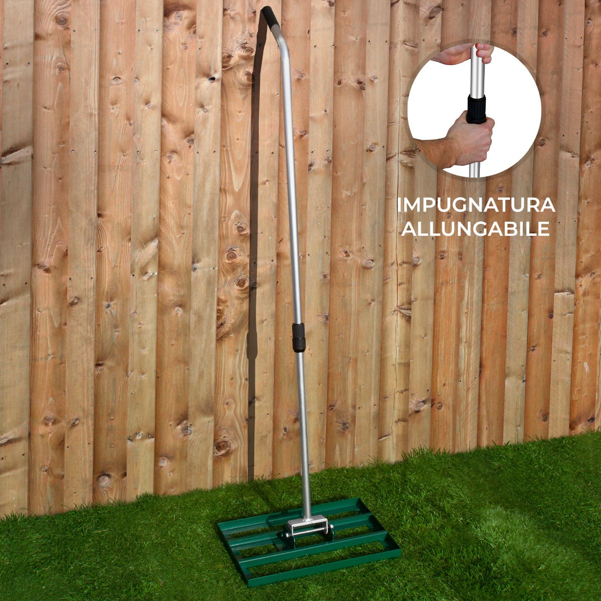 Livellatrice 50cm Rastrello Livellatore Acciaio Verde 1,9m Manico Estensibile Erba