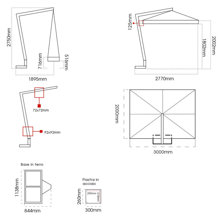 Ombrellone da Giardino Decentrato 2x3m in Legno Telo in Acrilico Ecrù