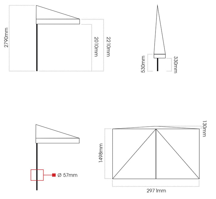 Ombrellone da Giardino Mezzaluna 2x3m in Legno Ø57 mm Telo in Acrilico Ecrù