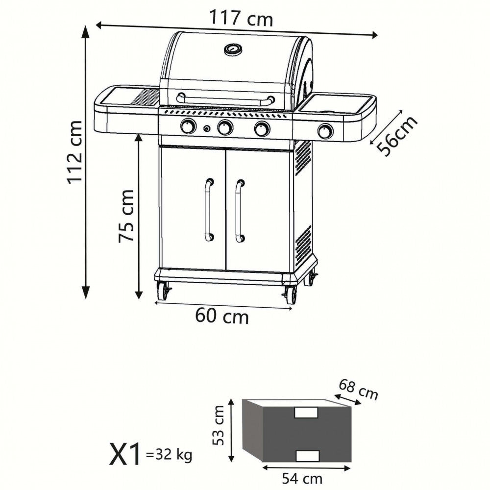 Barbecue a Gas GPL Davis 3 Fuochi + 1 con Fornello Laterale 117x55,5x112 h cm in Acciaio Grigio