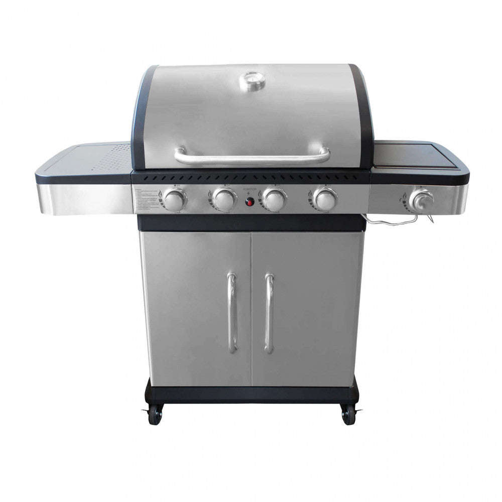 Barbecue a Gas GPL Davis 4 Fuochi + 1 con Fornello Laterale 128,5x55,5x112 h cm in Acciaio Grigio