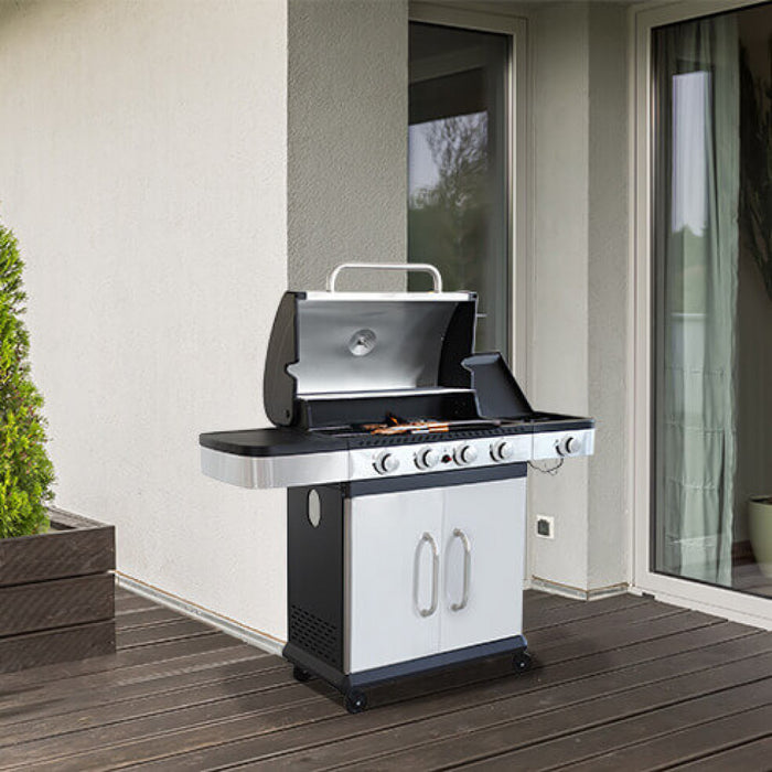 Barbecue a Gas GPL Davis 4 Fuochi + 1 con Fornello Laterale 128,5x55,5x112 h cm in Acciaio Grigio