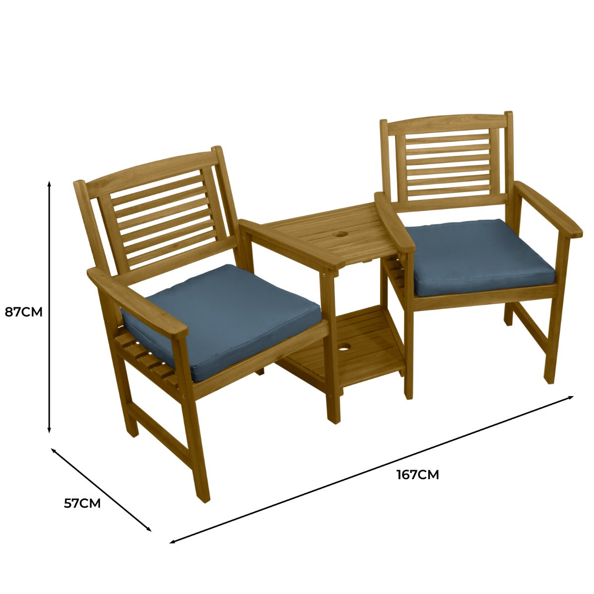 Panca in Legno da giardino Tavolo a 2 livelli Foro per ombrellone Panca d'angolo Bistro Legno duro d'acacia massiccio 2 Cuscini GRATIS.