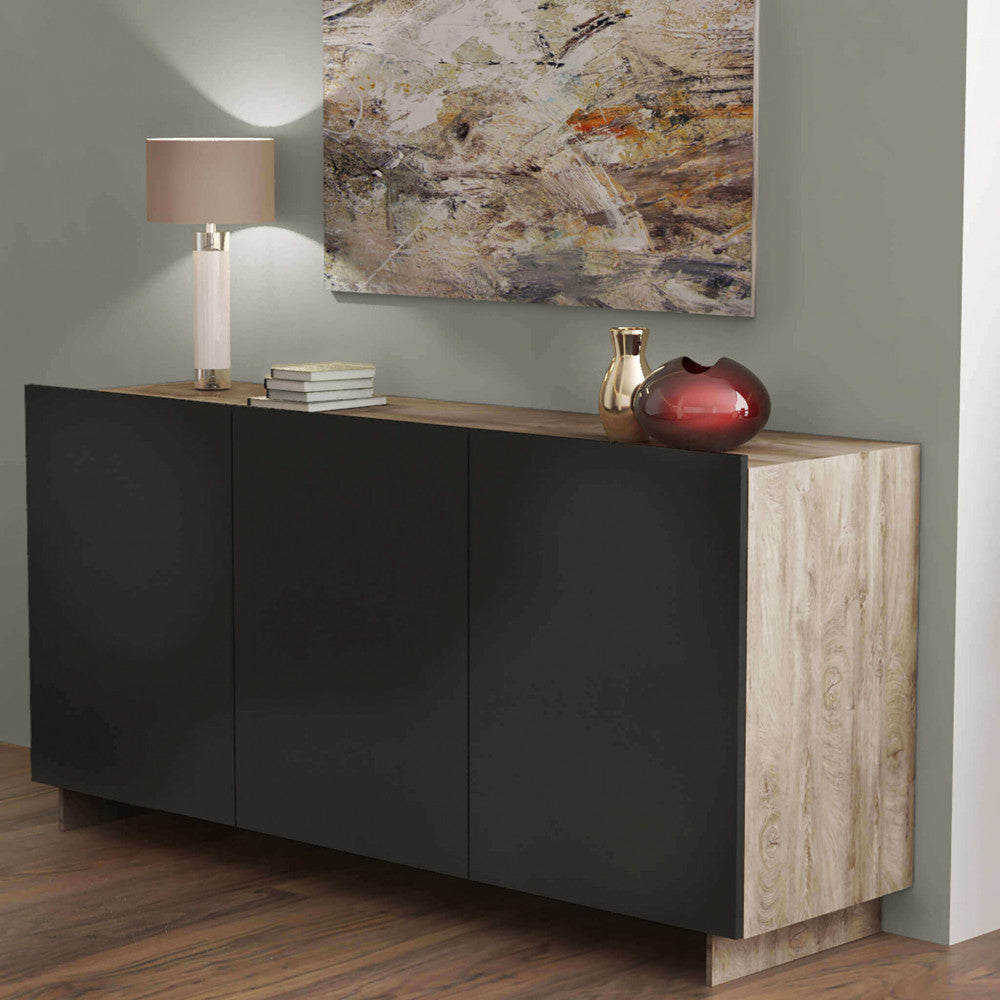 Credenza Carlile Antracite e Rovere Chiaro 150x40x76 h cm in Truciolare bilaminato Nero