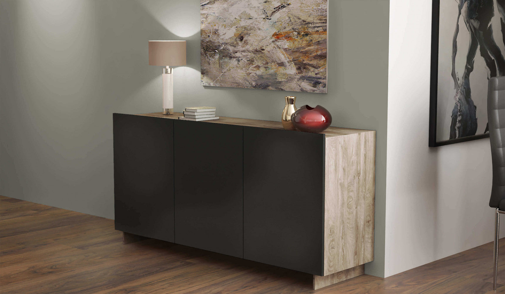 Credenza Carlile Antracite e Rovere Chiaro 150x40x76 h cm in Truciolare bilaminato Nero