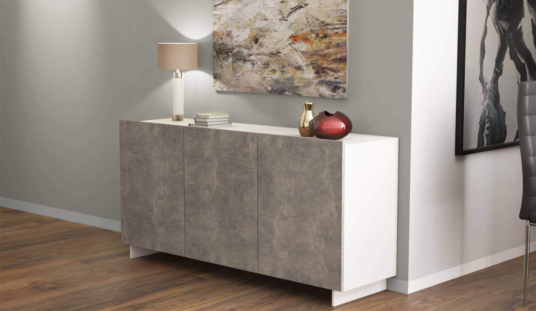 Credenza Carlile Bianco e Grigio Effetto Cemento 150x40x76 h cm in Truciolare bilaminato Marmo