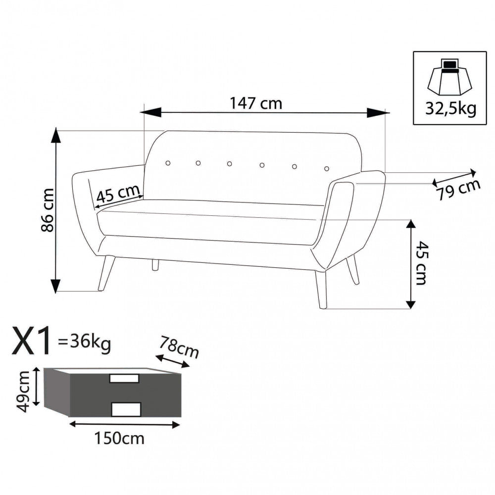 Divano 2 Posti Burton 147x79x86 h cm in Tessuto Grigio scuro