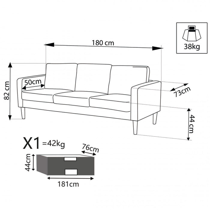 Divano 3 Posti Ramsey 180x73x82 h cm in Tessuto Blu