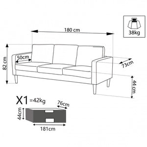 Divano 3 Posti Ramsey 180x73x82 h cm in Tessuto Beige