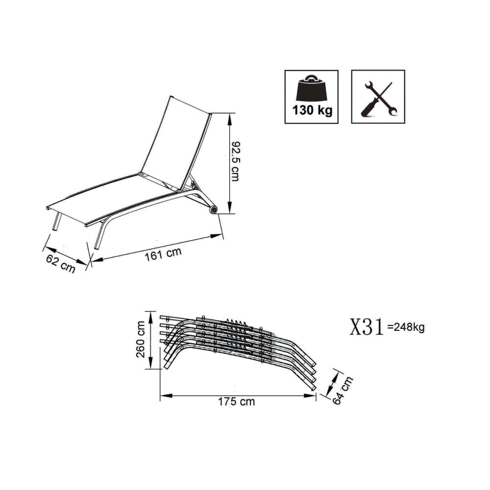 Lettino Prendisole da Giardino Itaca Impilabile 194x71x83 h cm in Alluminio Antracite