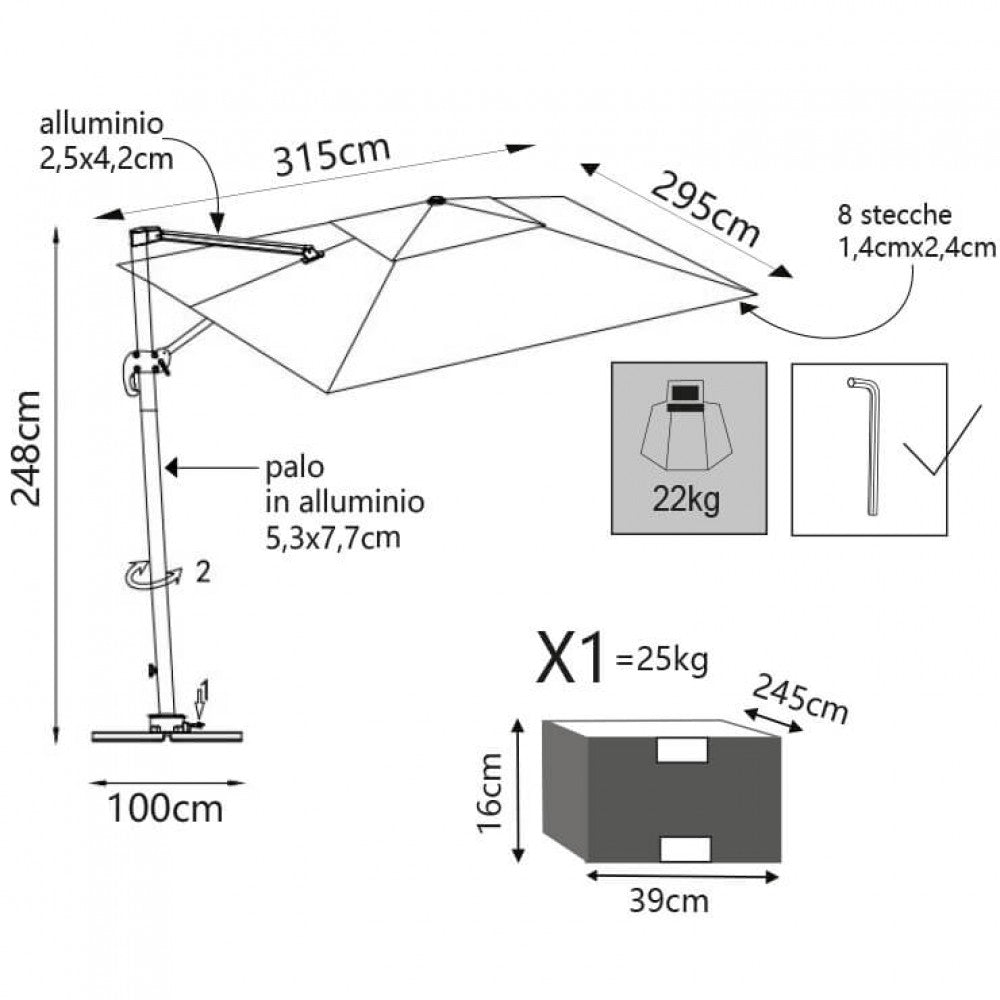 Ombrellone da Giardino con Led Pitagora 3x3 m in Alluminio Antracite Telo Grigio