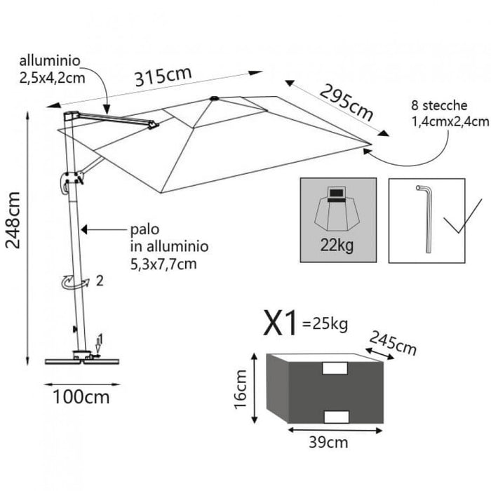 Ombrellone da Giardino con Led Pitagora 3x3 m in Alluminio Antracite Telo Grigio