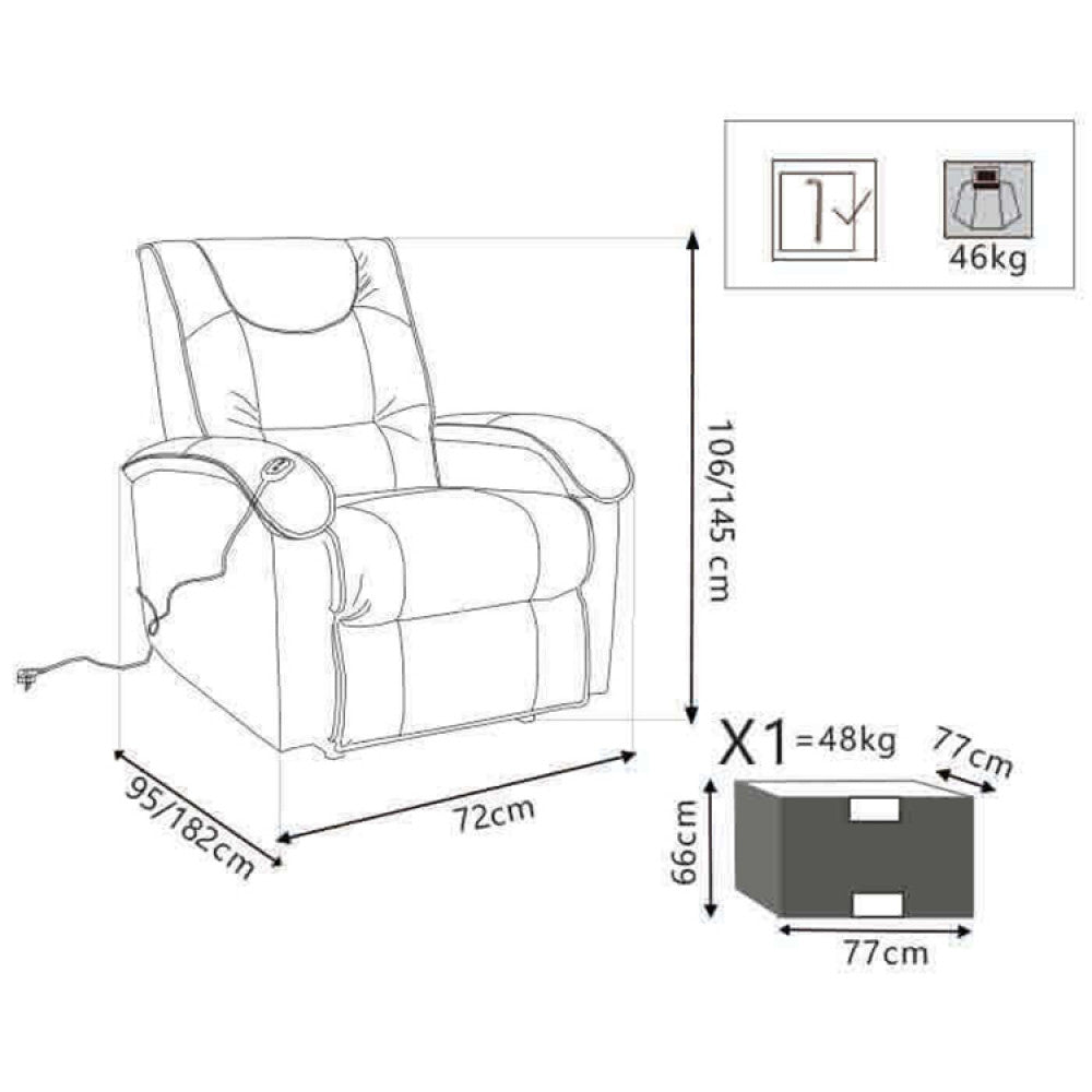 Poltrona Relax Elettrica Massaggiante 72x95/182x106/145 h cm in Similpelle Beige