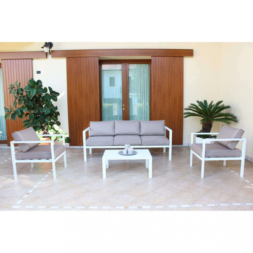 Set Salotto da Giardino Divano 2 Poltrone e Tavolino con Cuscini in Alluminio Bianco