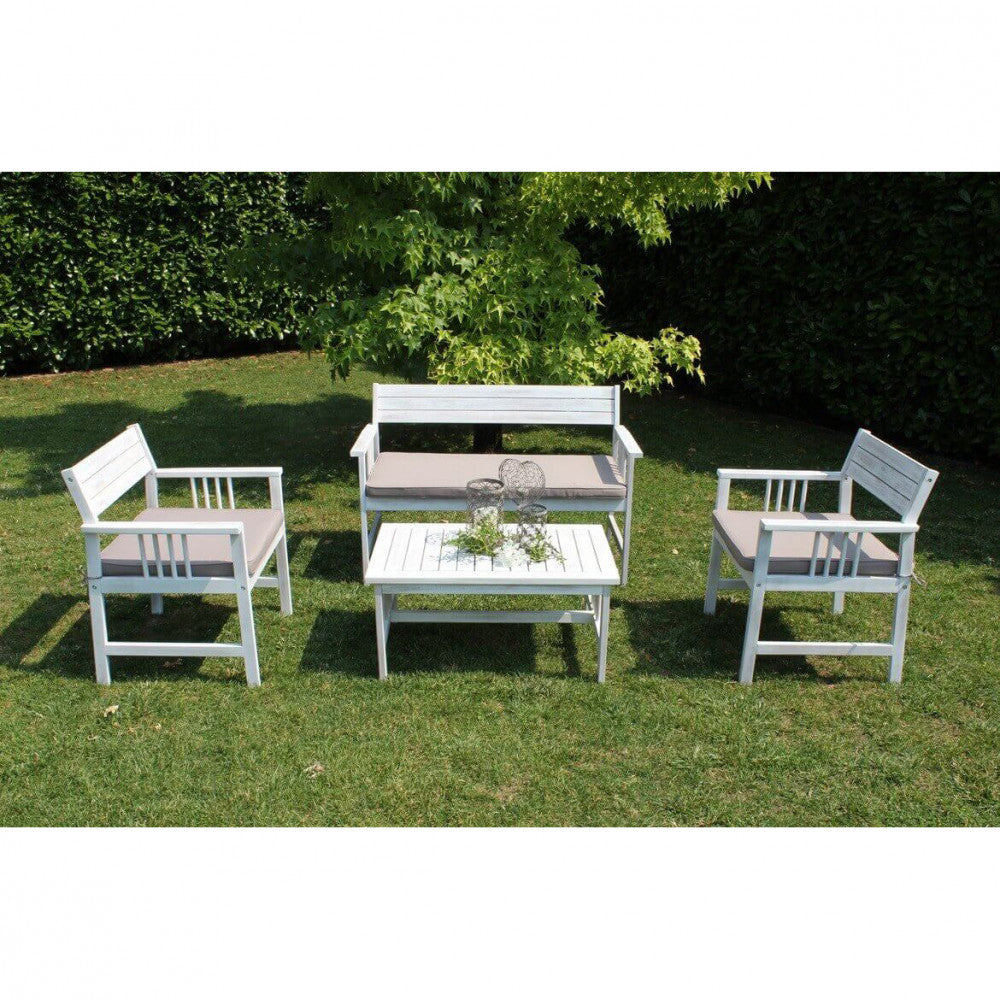 Set Salotto da Giardino Divano 2 Poltrone e Tavolino con Cuscini in Legno Bianco