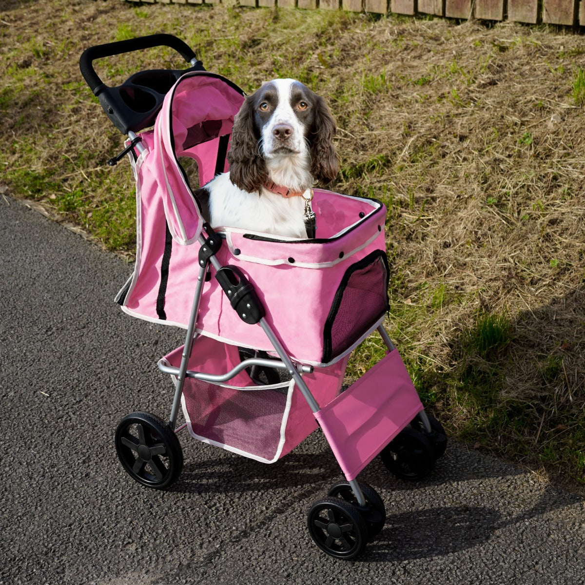 Passeggino per animali domestici Trasportino pieghevole Trolley da viaggio per gatti e cani Copertura anti-pioggia - Rosa