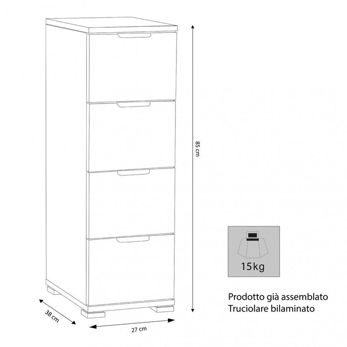 Cassettiera 4 Cassetti Rovere Grigio 27x38x85 h cm in Truciolare bilaminato Rovere grigio