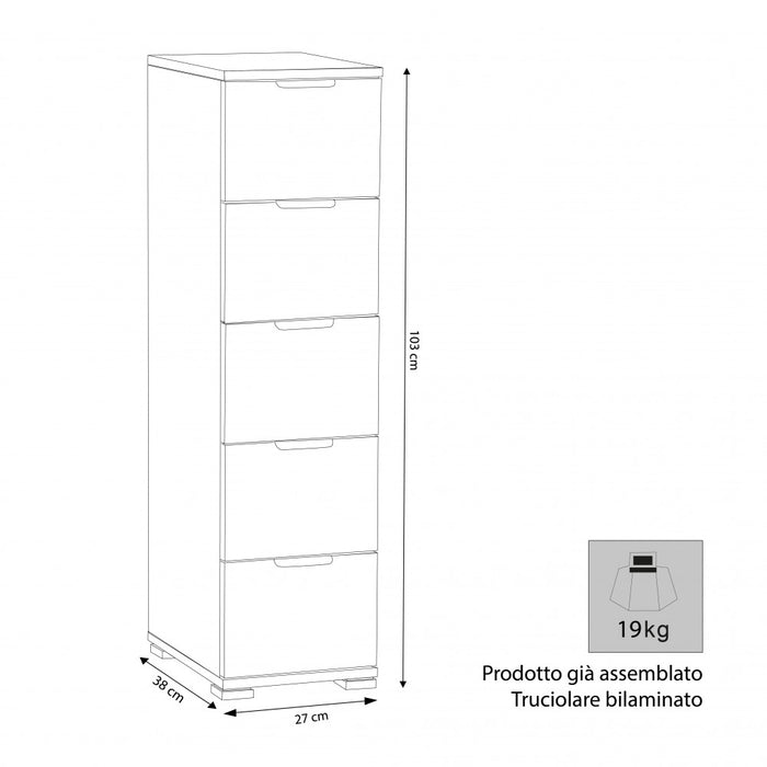 Cassettiera 5 Cassetti Naturale 45x38x85 h cm in Truciolare bilaminato Marrone chiaro