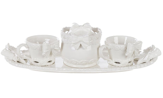 Servizio Tazzine da Caffè Vassoio Zuccheriera Ceramica Shabby Chic Blanc Mariclò