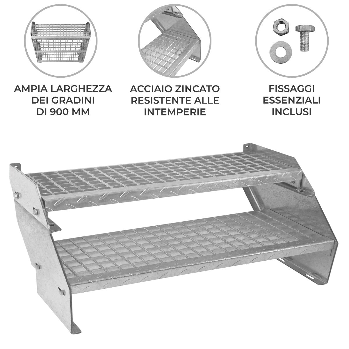 Scala in metallo a 2 livelli regolabile in altezza 60 cm di larghezza Acciaio zincato argento 2 gradini regolabili