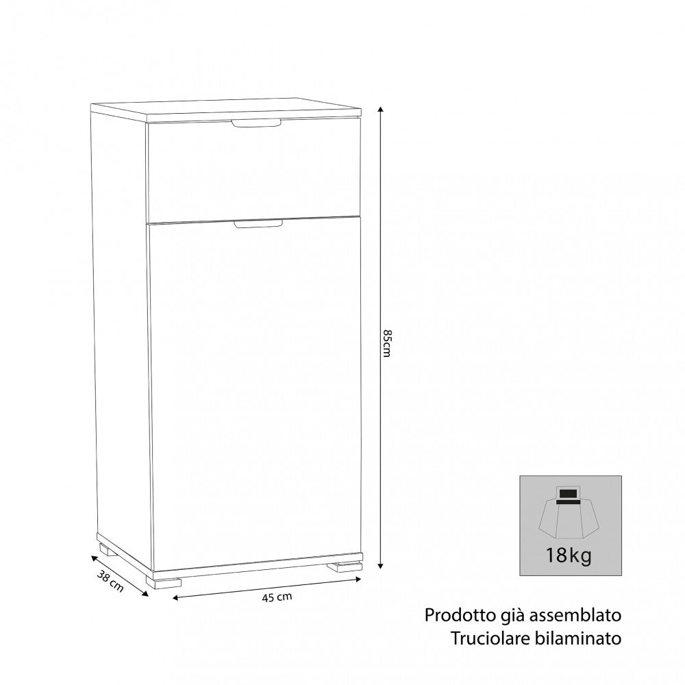 Mobiletto con 1 Anta e 1 Cassetto 45x38x85 h cm in Truciolare bilaminato Bianca