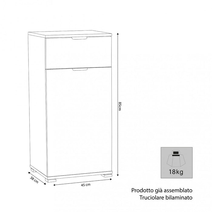 Mobiletto con 1 Anta e 1 Cassetto 45x38x85 h cm in Truciolare bilaminato Bianca