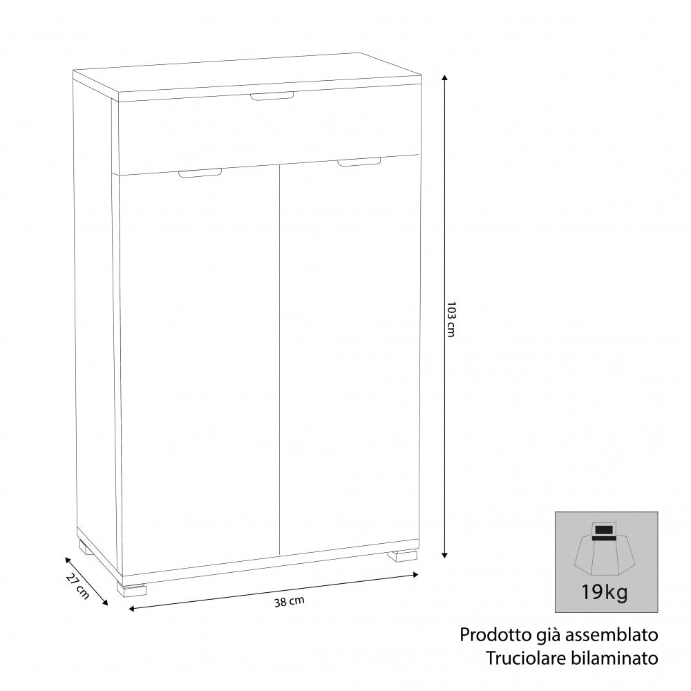 Mobiletto con 2 Anta e 1 Cassetto 60x38x103 h cm in Truciolare bilaminato Bianca